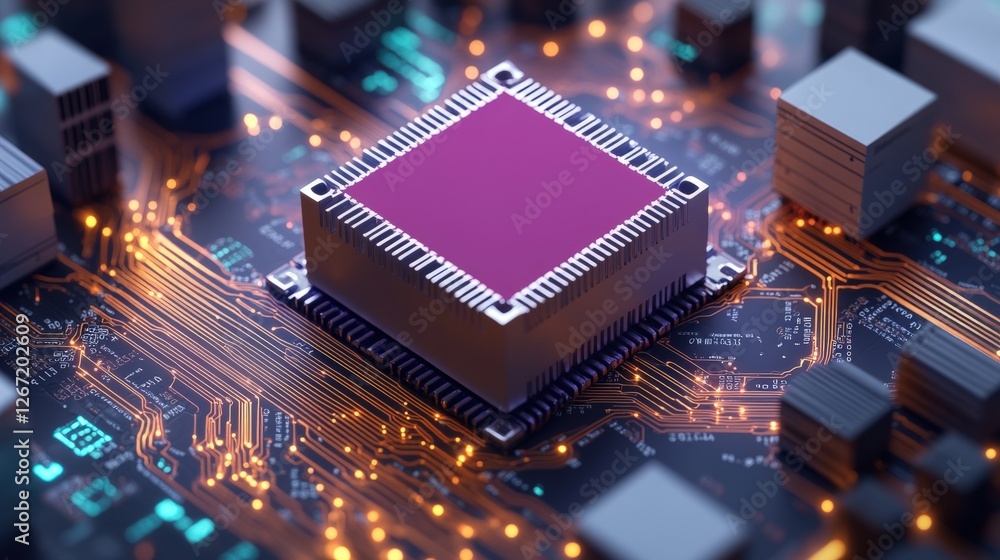 Poster computer processor on circuit board with logistics international delivery concept and world map back