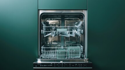 A built-in stainless steel dishwasher with a clean modern finish, isolated on green.