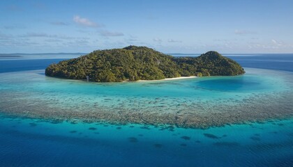 Fototapeta premium Aerial View of tropical Island with turquoise waters, dense vegetation, and coral reefs