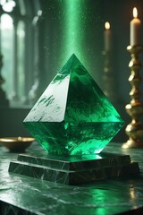 Emerald stone is clear green. The cut is pyramidal. The interior background of the classic building