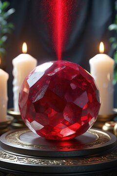 Blood red ruby ​​stone. The cut is round. Background of two white candles