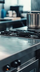 An engaging close-up of a polished stainless steel stove with cooking pots, illustrating the precise tools used in professional kitchens for culinary mastery and creativity.