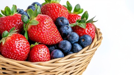 Oval Basket of Fresh Strawberries and Blueberries With White Background