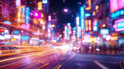 Abstract Cityscape at Night with Blurry Lights in a Modern Urban Setting and Futuristic Hues