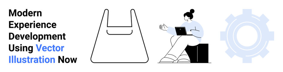Woman seated with laptop, outlined shopping bag, and gear symbol. Ideal for technology, e-commerce, innovation, development, online shopping, productivity and flat landing page banner