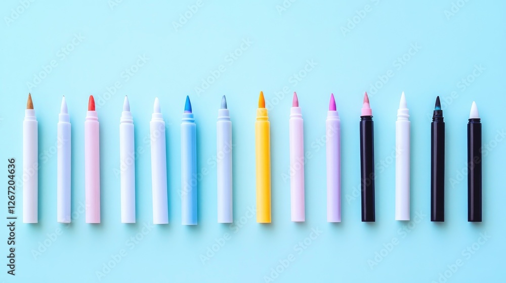 Aufkleber a collection of whiteboard markers with caps arranged in a linear pattern on a soft blue surface.