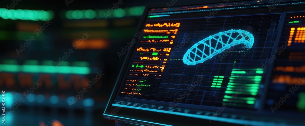 Poster digital 3d model data analysis screen. science background