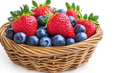 Obraz premium Rustic Wicker Basket of Fresh Red Strawberries and Blueberries on White Background
