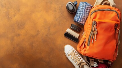 A compact, foldable travel backpack with travel essentials on a warm brown background.