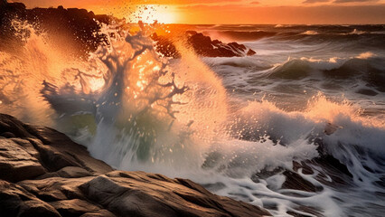 A photography of a turbulent ocean waves splashing onto rocks, symbolizing intensity, struggle, and raw emotions