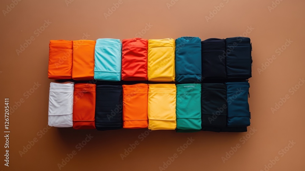 Poster a compact packing cube set displayed with neatly folded clothes on a brown background.
