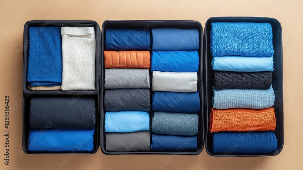 Poster a compact packing cube set displayed with neatly folded clothes on a brown background.