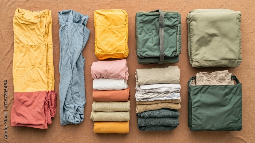 Poster a compact packing cube set displayed with neatly folded clothes on a brown background.