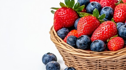 Obraz premium Rustic Woven Basket Overflowing with Fresh Red Strawberries and Blueberries on White Background