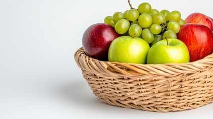 Small Woven Basket Filled with Red and Green Apples with Green Grapes on White Backdrop