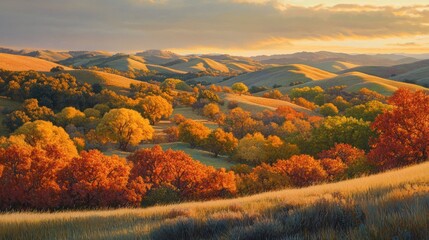 Golden hills panorama, autumn trees bathed in warm sunset light