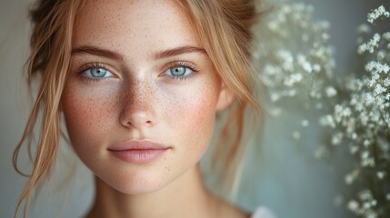 Portrait of a beautiful woman with freckles and blue eyes