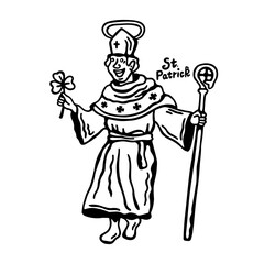 Cheerful heavenly patron of Ireland Saint Patrick with a clover leaf and staff in his hands