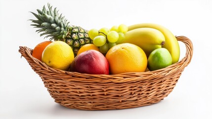 Wicker Basket Filled with Fresh Tropical Fruits on White Background Still Life