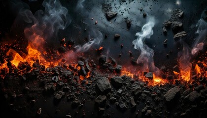 A smoky grunge texture with glowing embers scattered across a rough, dark background.
