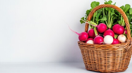 Wicker Basket Filled with Pink Radishes and White Turnips on White Surface