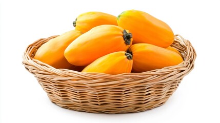 Wicker Basket Filled with Yellow Papayas on White Background in Studio Lighting