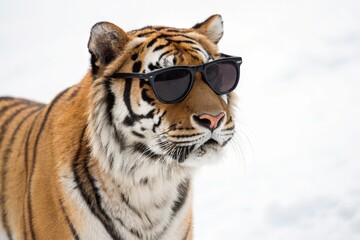 Naklejka premium Realistic Tiger in Sunglasses Posing Coolly Against a Snowy Background in Bright Sunlight