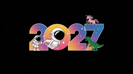 Fun Cartoon-Style 2027 Celebration with Astronaut, Unicorn, and Dinosaur Generative aI