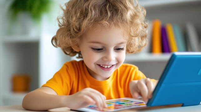A child using a tablet to learn math, colorful educational app on the screen, realistic home environment,