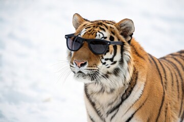 Naklejka premium Realistic Portrait of a Cool Tiger with Black Sunglasses in a Snowy Environment