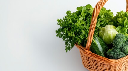 Woven Basket Filled With Fresh Green Vegetables and Herbs on White Background