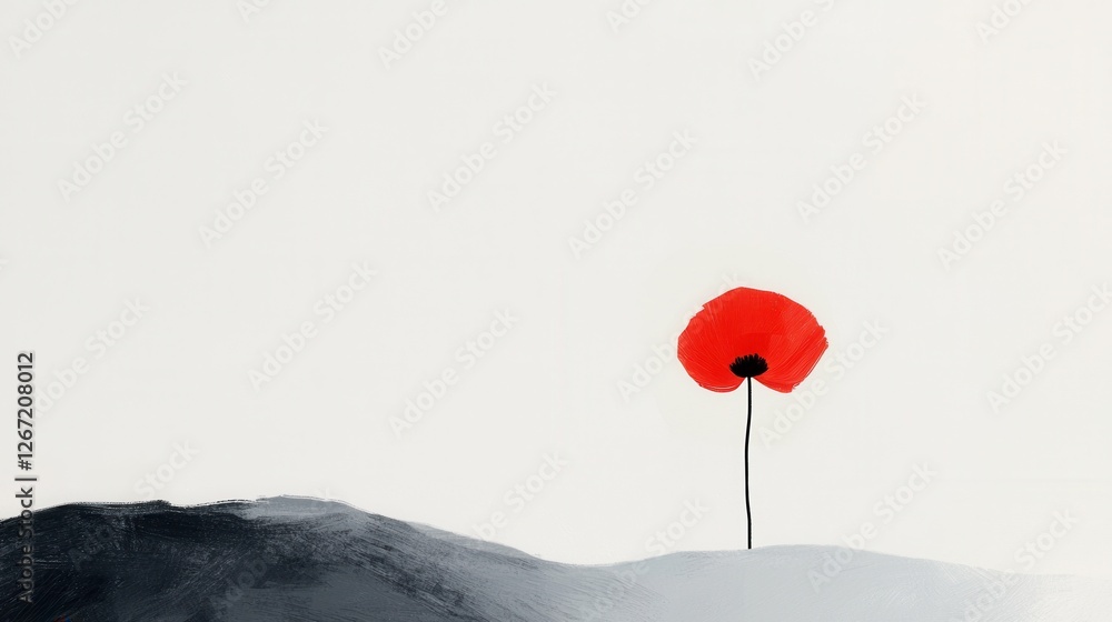 Poster abstract red flower standing alone on a minimalistic background with soft waves and neutral tones in