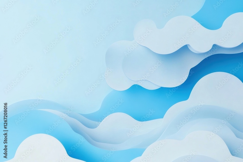 Poster Soft clouds drift across a serene blue sky creating a tranquil atmosphere in a minimalist setting. Generative AI