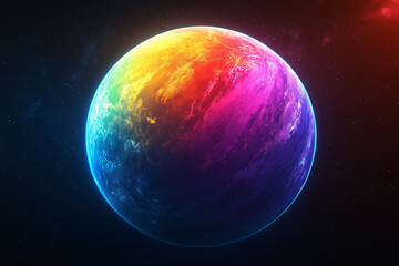 Obraz premium Cosmic Kaleidoscope: A vibrant and ethereal abstract planet in a cosmic setting, bathed in a symphony of neon colors, creating a captivating and otherworldly visual experience.
