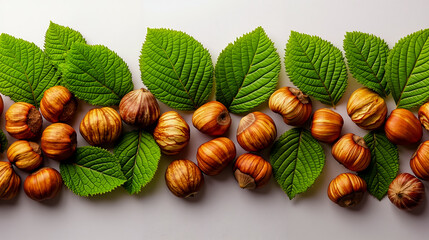 A bunch of hazelnuts and green leaves on a white surface