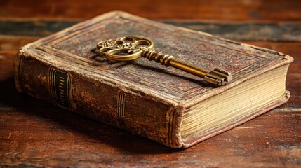A golden key resting on an ancient book, symbolizing unlocking spiritual knowledge.
