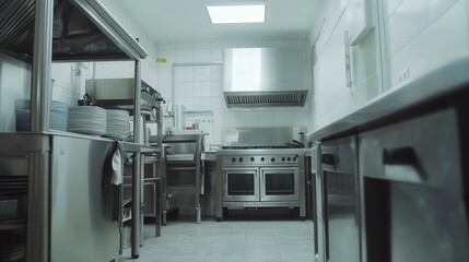 This image features a well-organized kitchen with white tiles and culinary equipment, emphasizing cleanliness and professionalism in a culinary workspace.