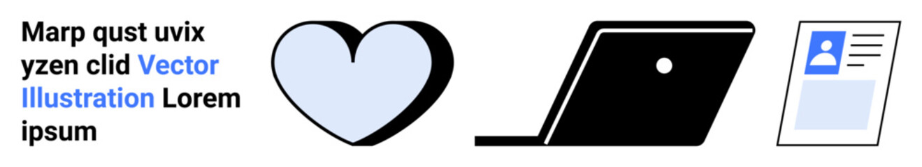 Heart icon, sleek laptop, and ID profile card side by side. Ideal for personal identity, digital workspaces, connectivity, self-expression, professionalism, communication abstract line flat metaphor