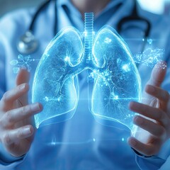 Medical concept, doctor's hands in blue coat close-up. Kidney ultrasound, x-ray, hologram