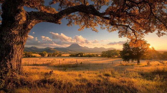 Sunset over autumnal Texas Hill Country pasture