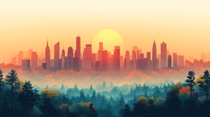 Fototapeta premium Cityscape Silhouette at Sunset Over Misty Autumn Forest
