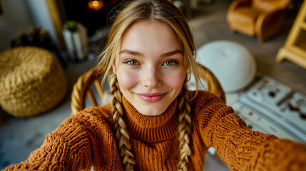 A woman taking a selfie in a living room