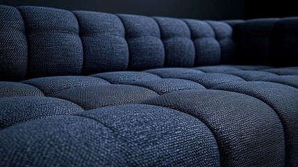 Fototapeta premium Dark blue tufted sofa detail, empty room background, furniture ad