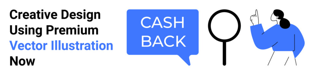 Cashback text in speech bubble, magnifying glass, and gesturing person promoting cashback benefits and search concepts. Ideal for finance ads, e-commerce, rewards, savings, promotions, digital