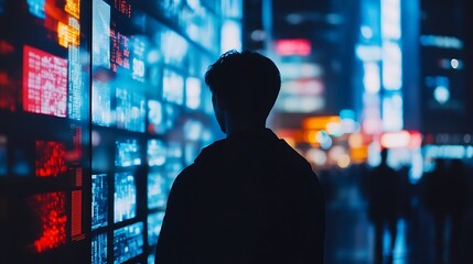 A Silhouetted Figure Standing Before a Wall of Illuminated Screens in a City at Night