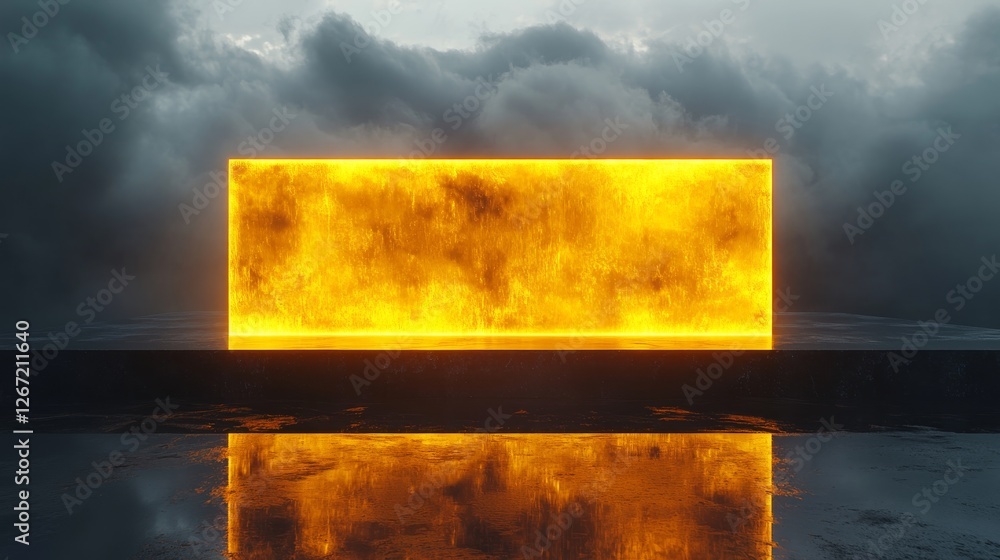 Poster glowing rectangle with cloud backdrop sits on dark platform