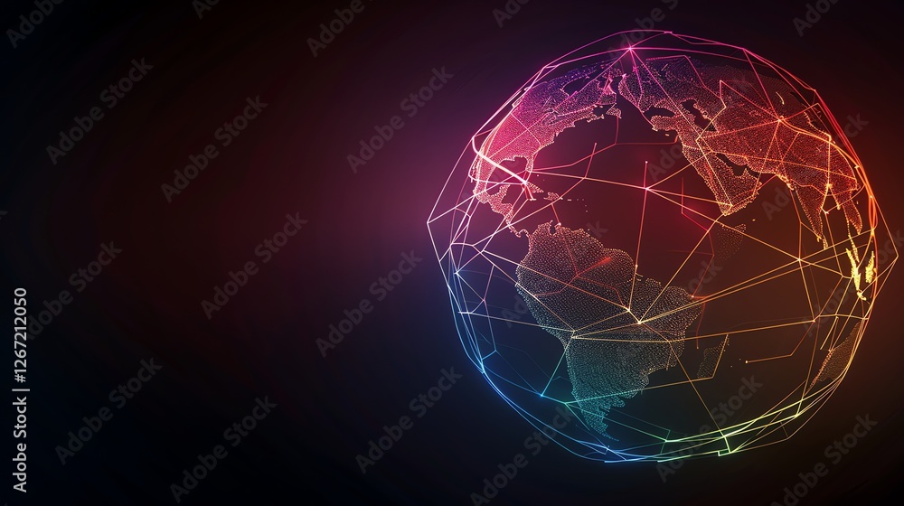 Poster a stylized, glowing globe with connecting lines in various colors against a dark red background.