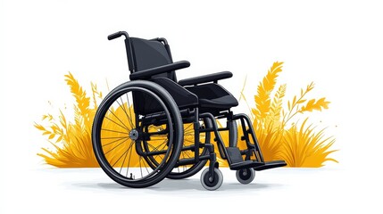 Fototapeta premium A sleek black wheelchair positioned against a backdrop of vibrant yellow grass, symbolizing accessibility