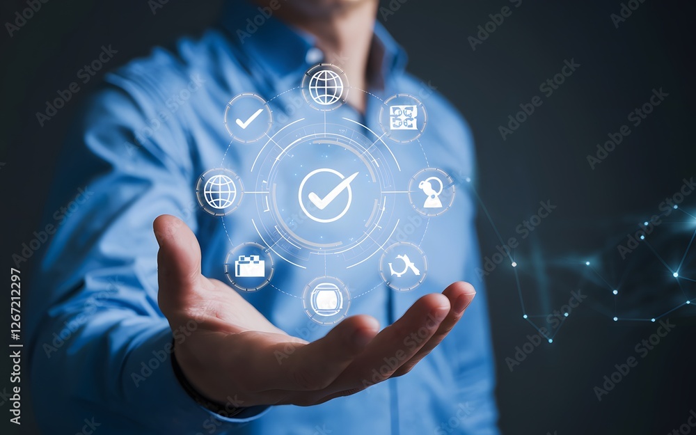 Poster digital business technology solutions global network success checkmark approved modern innovation fu