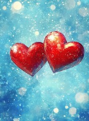 Obraz premium Two Red Hearts Float Gently on a Blue Winter Sky, Sparkling with Festive Lights: A Romantic Winter Scene